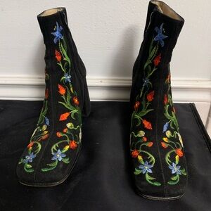 Embroidered Black Suede Ankle Boots with Floral Design